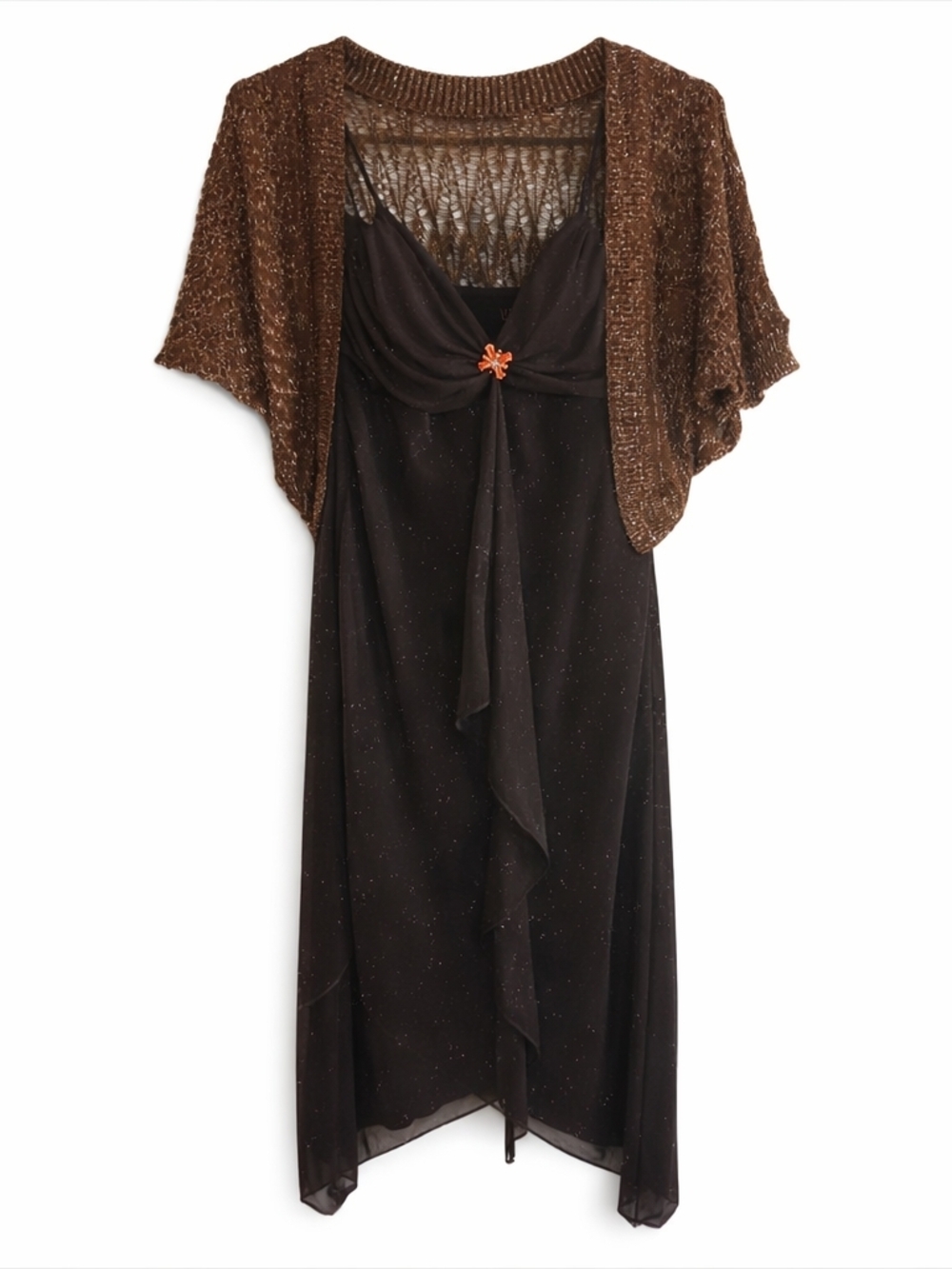 Y2K 'Frederick’s' Bronze Wrap & 'Wrapper' Brown Sparkle Dress Set M